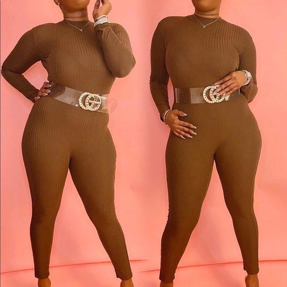 NEW TRENDY BASIC COFFEE BROWN RIBBED MOCK NECK LONG SLEEVE JUMPSUIT ROMPER - Picture 2 of 4